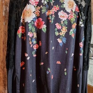 Floral Black Top with Lace Sleeves